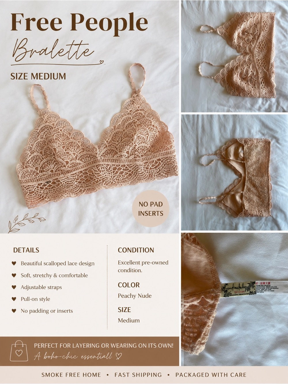Free People Peachy Nude Scalloped Lace Bralette